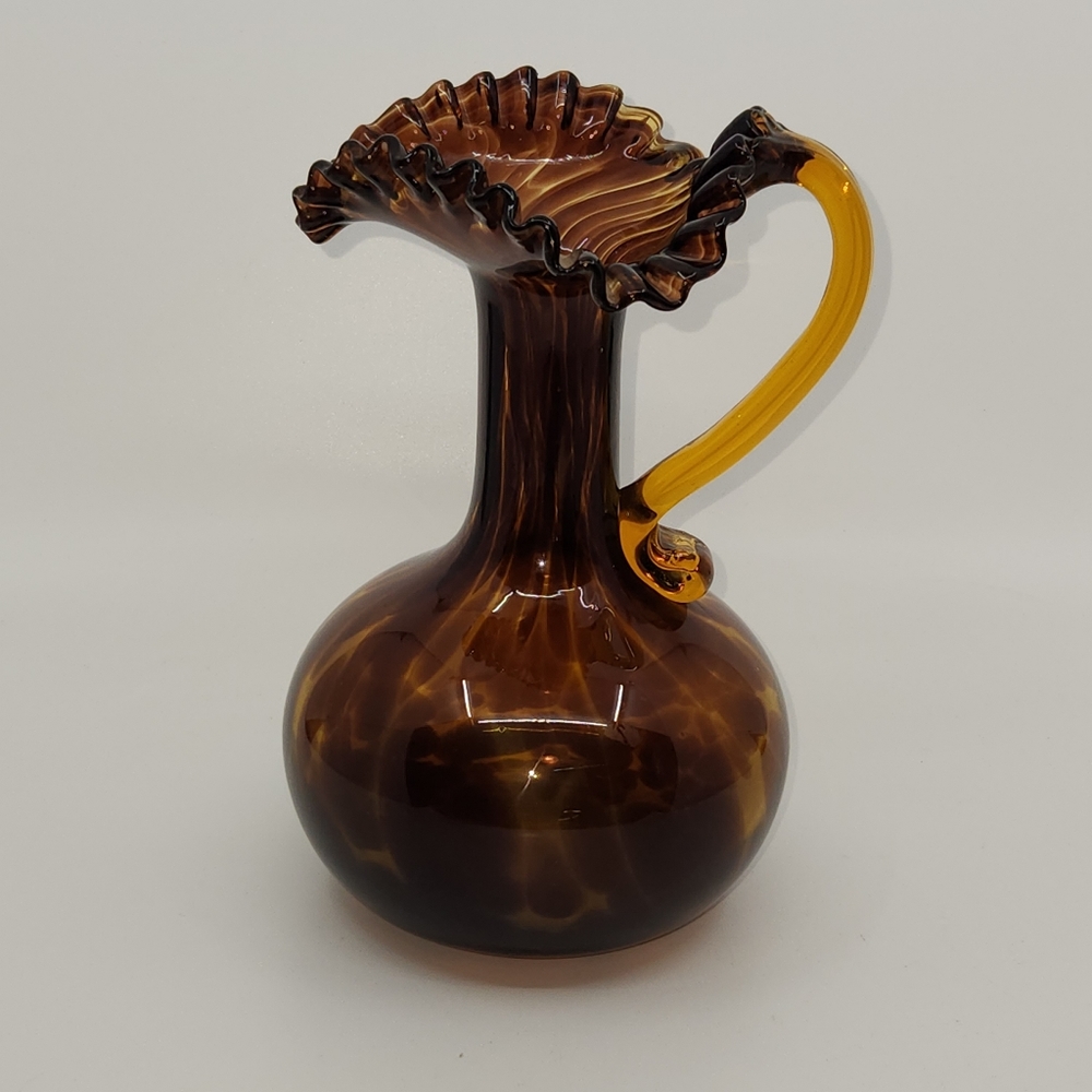 Maestri Vetrai Vintage Murano Italian Tortoise Shell Art Glass Ruffled Pitcher